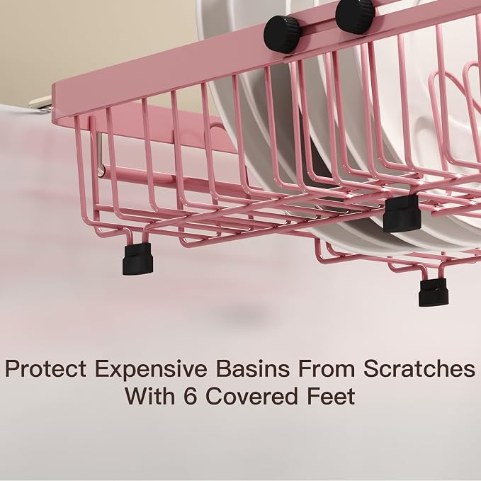 MAJALiS Pink Dish Drying Rack Over The Sink, Expandable Stainless Steel Dish Drainer for Small Kitchen Counter Space Saving, RV Compact Plate Strainer in Metal with Hanging Adjustable Utensil Holder