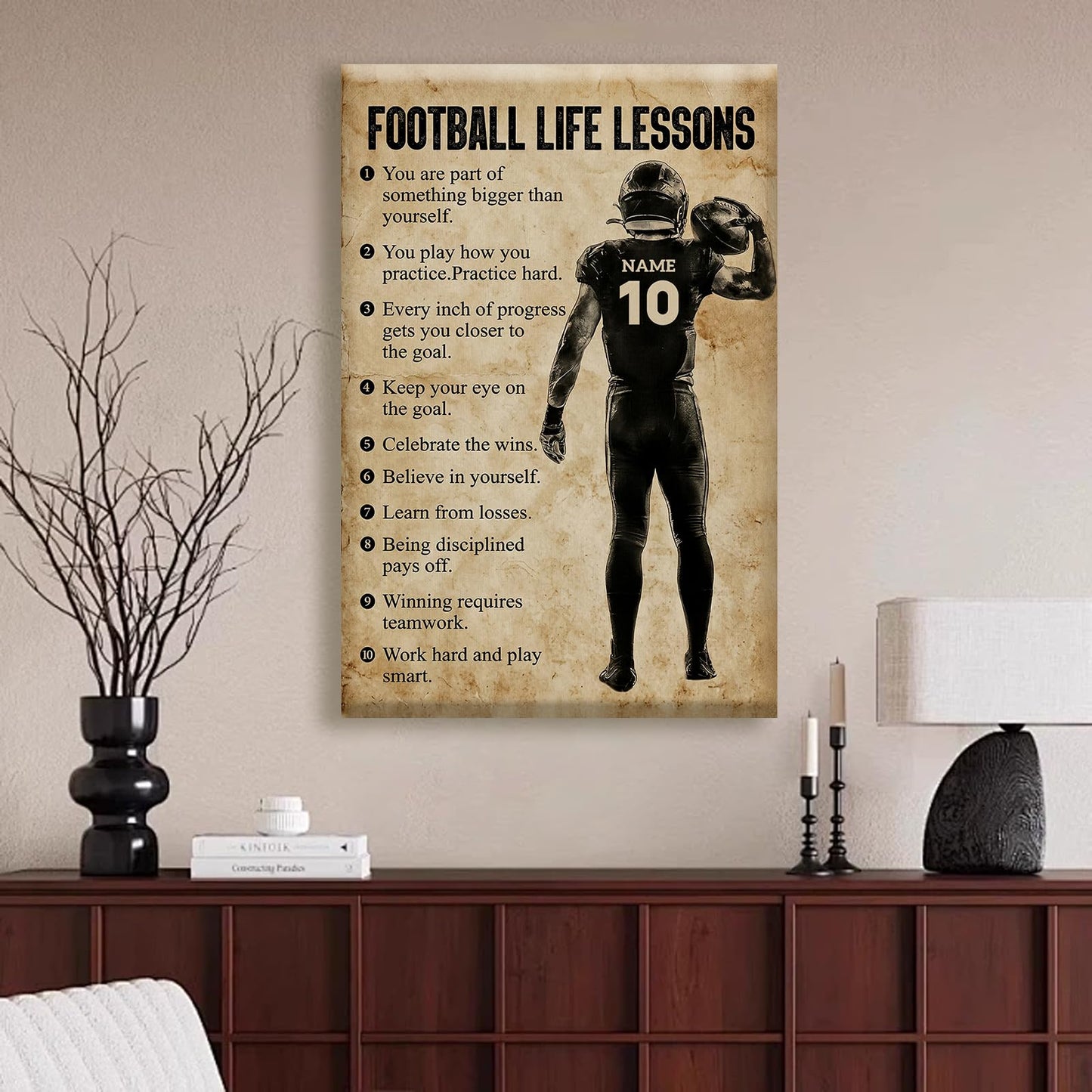 HYESANGNY Personalized Football Life Lessons Canvas Wall Art, Custom Motivational Canvas Prints with Your Name & Numbers, Inspirational Sports Gifts for Football Lovers, Athletes Bedroom Decor
