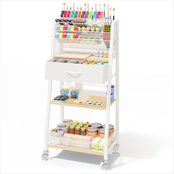 Homsorout 3 Tier Rolling Cart - Metal Utility Cart with Storage Drawer and Wheels, Versatile Art & Craft Organizer for Home, Office, or Studio - Ideal for Storing Brushes, Paints, and Supplies（Maple）