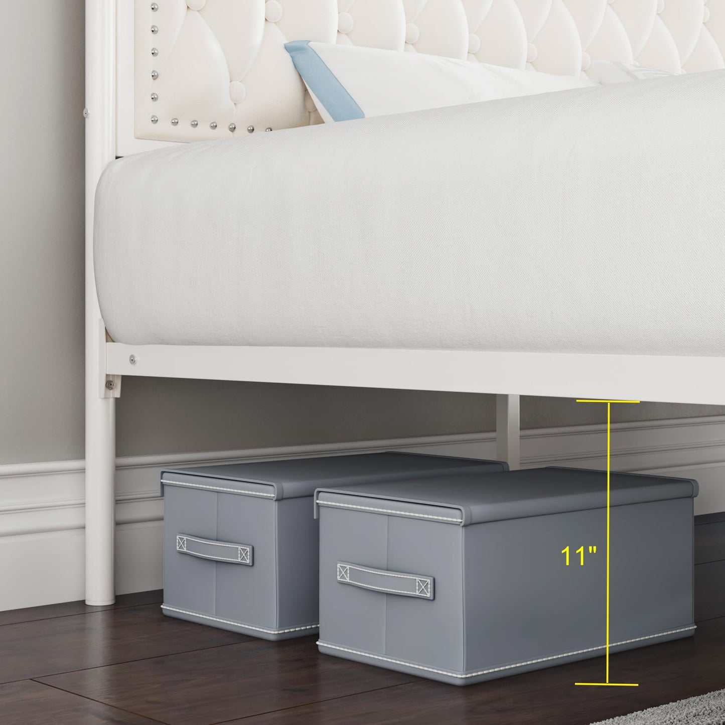 Keyluv Queen Upholstered Canopy Bed Frame with 2 Storage Drawers & Button Tufted Headboard, Metal Platform Bed with 4 Removable Posts, Two-Purpose Velvet Bed, Beige/Curtain Not Included