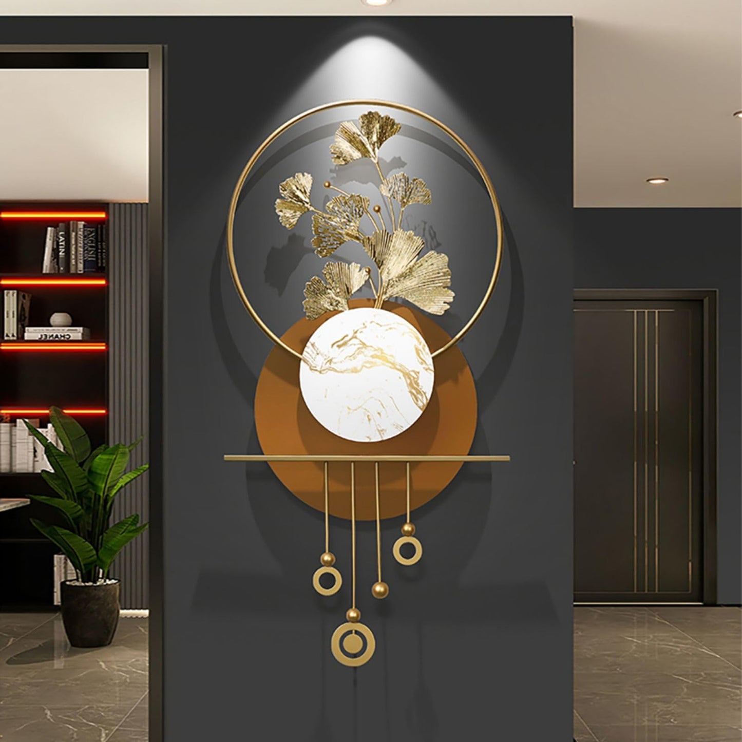 BULUXE Metal Wall Decor – 46.5" Modern 3D Ginkgo Leaf Wall Art with Gold Finish & Marble Accent, Geometric Metal Wall Sculpture