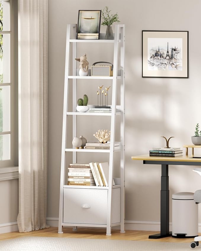 Furologee 6 Tier Ladder Shelf,Ladder Bookshelf with Drawer,Modern Tall Bookcase,Storage Rack Organizer,Wood Metal Freestanding Shelves for Living Room, Home Office, Bedroom, White