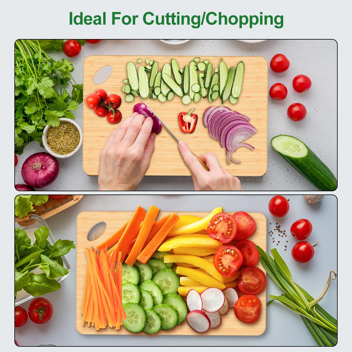 Viretang Wooden Cutting Boards for Kitchen, 15.3 * 8.7'' Knife Friendly Bamboo Cutting Board Lightweight & Durable Chopping Board with Hang Hole for Easy Storage & Clean, Large