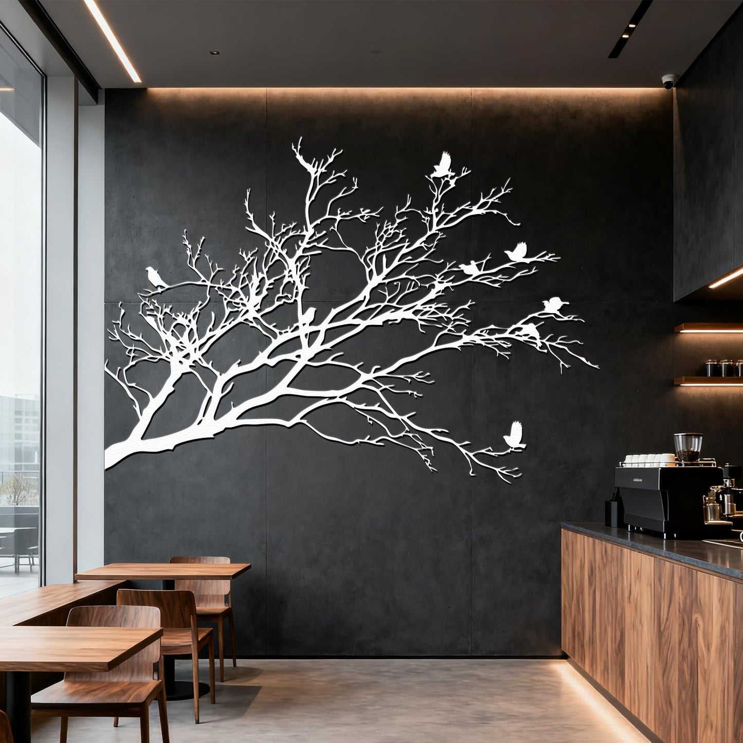 XXQ Branch and Birds Metal Wall Art – Flying Birds on Tree Branch Silhouette, Black & White Finishes, Nature Inspired Wall Decor for Living Room, Bedroom, or Hallway (White, 31" x 22" / 80 x 56 cm)