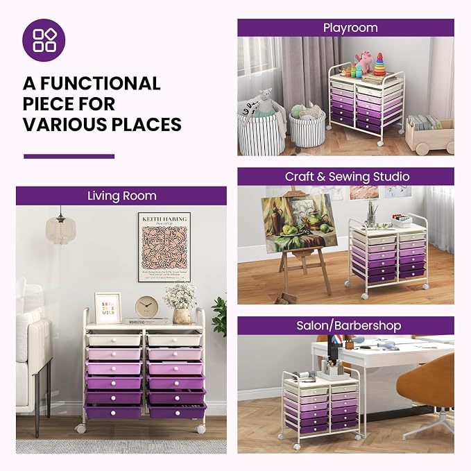 Giantex 12 Drawers Rolling Cart, Mobile Storage Drawer Cart, Classroom Organizer Cart for Office School Supplies Tools Scrapbook Paper Craft Small Printer, Utility Cart on Wheels, Purple Gradient