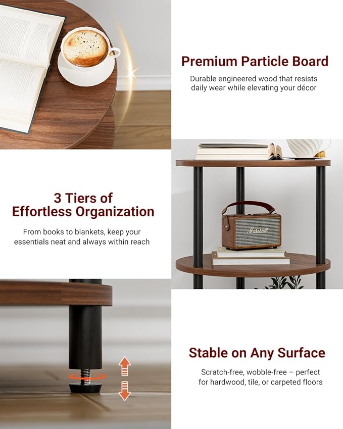 XBurmo Small Round End Table - 3 Tier Design Accent Table, Narrow Side or Bedside Stand, Industrial Vintage Nightstand for Bedroom, Living Room, or Small Spaces, Set of 2, Rustic Walnut