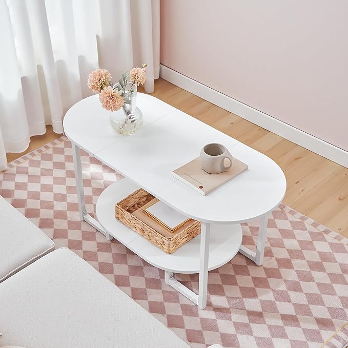 HOOBRO Coffee Table for Living Room, Oval Small Coffee Table with 2-Tier Open Storage Shelf, Industrial Cocktail Tea Table, Wooden Desktop Center Table, Farmhouse, Home Office, White WW09KF01
