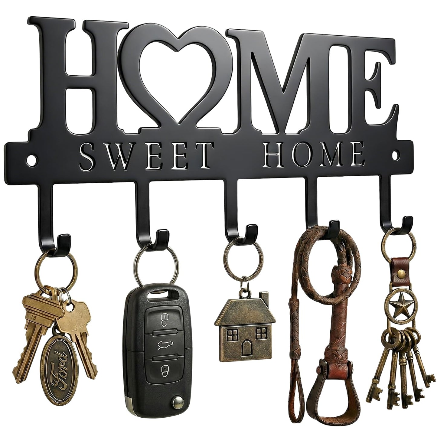 WIPHANY Entryway Wall Key Holder with 5 Hooks, Metal Key Rack Wall Mount for Keys, Bags and Leashes, Decorative Organizer for Entryway, Mudroom or Hallway, Sweet Home Design, 9.8 inches, Black