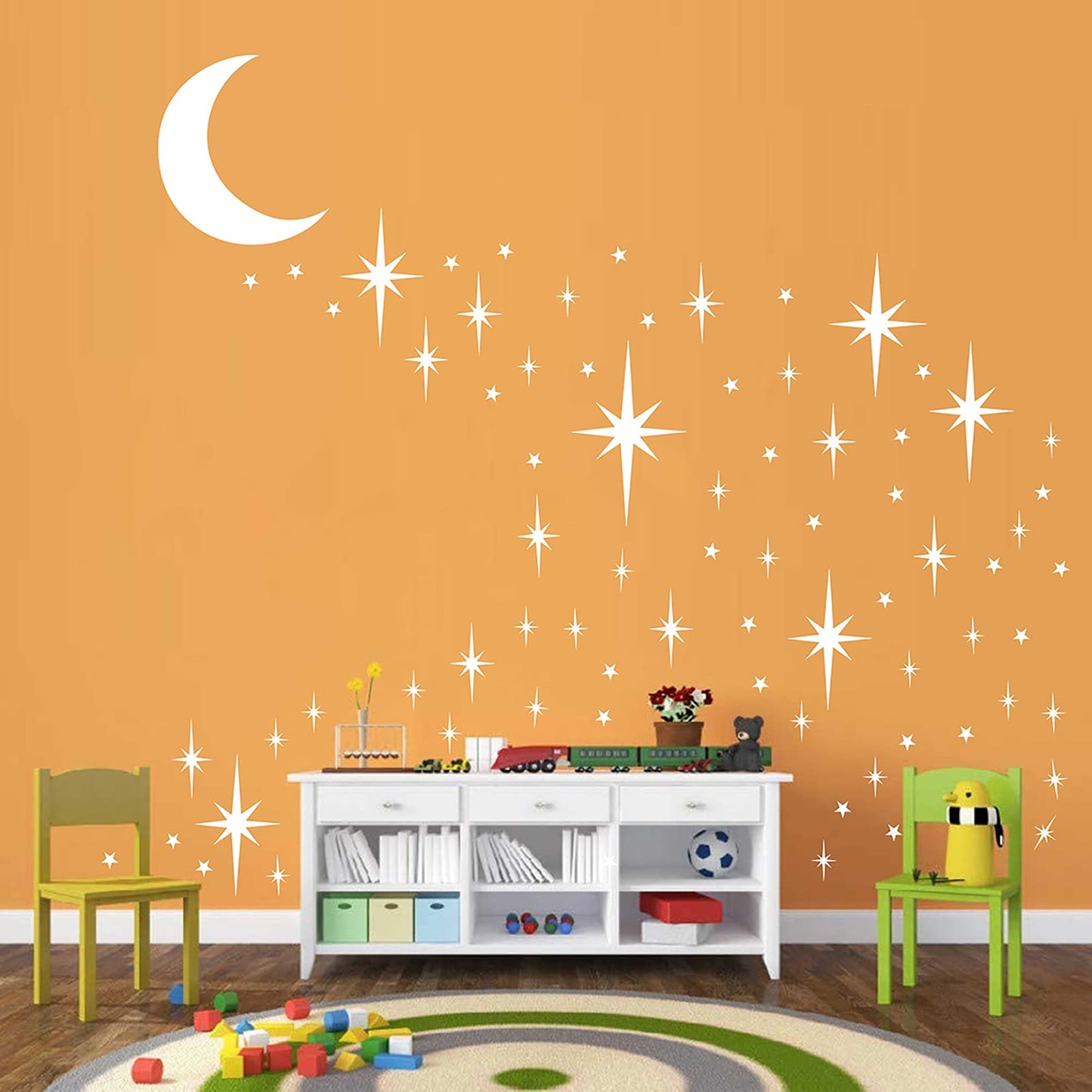Stars and Moon Wall Decal Star Decals for Walls Nursery Wall Decal White Stick on Stars Vinyl Walls Stars Sticker Removable Peel and Stick Vinyl Stickers for Kids Girls Bedroom