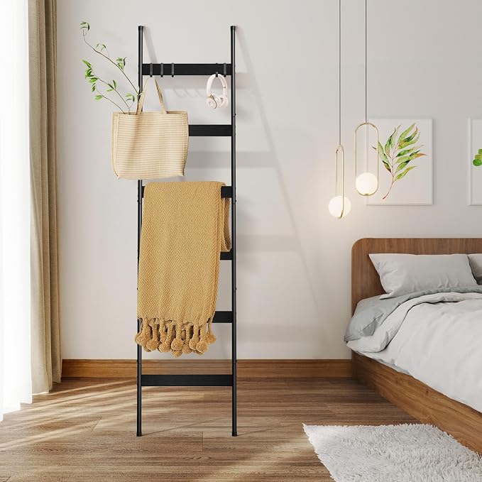 ELYKEN Blanket Ladder for Living Room, Farmhouse 6-Tier Quilt Holder with 4 Removable Hooks for Bathroom, Wood Towel Rack Display, Wall Anchor Leaning Decorative Stand for Home, Black