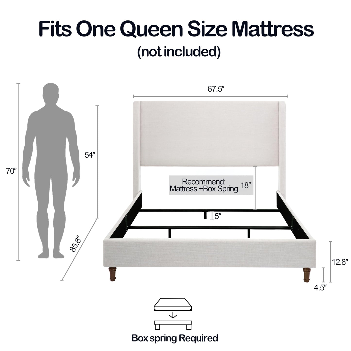 GDFStudio Tall Headboard Upholstered Bed,Queen Size Platform Bed Frame with Chenille Wingback Headboard, Without Wooden Slats,Box Spring Required,Easy Assembly,Elegant Simplicity 54" High Ivory