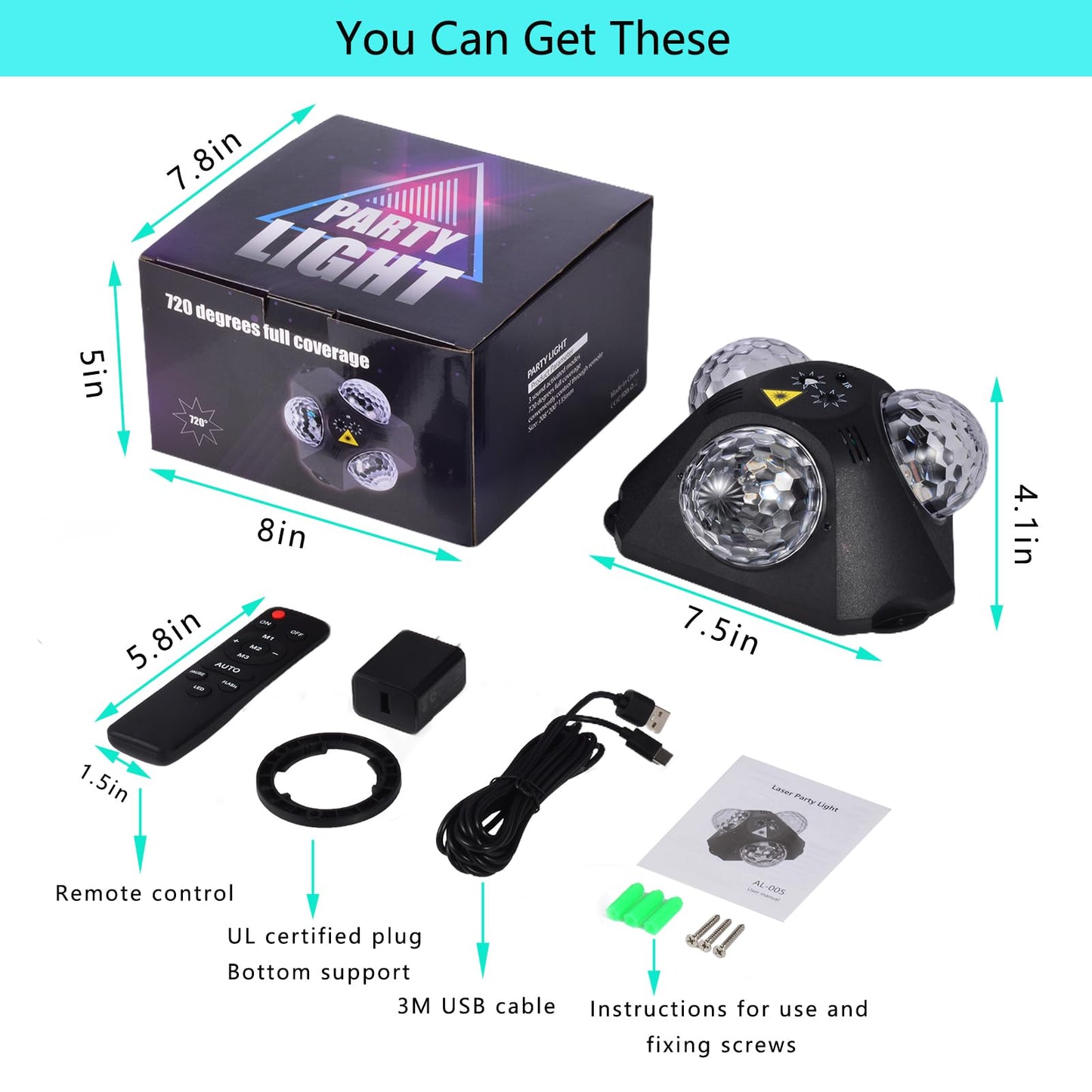 Yinpkteo 4 in 1 Disco Ball DJ Party Lights, 3 RGB Disco Lights+Red and Green Pattern Lamp Strobe Lighting for Home Room Dance Parties Birthday Karaoke Halloween Christmas Wedding Show Club Decorations