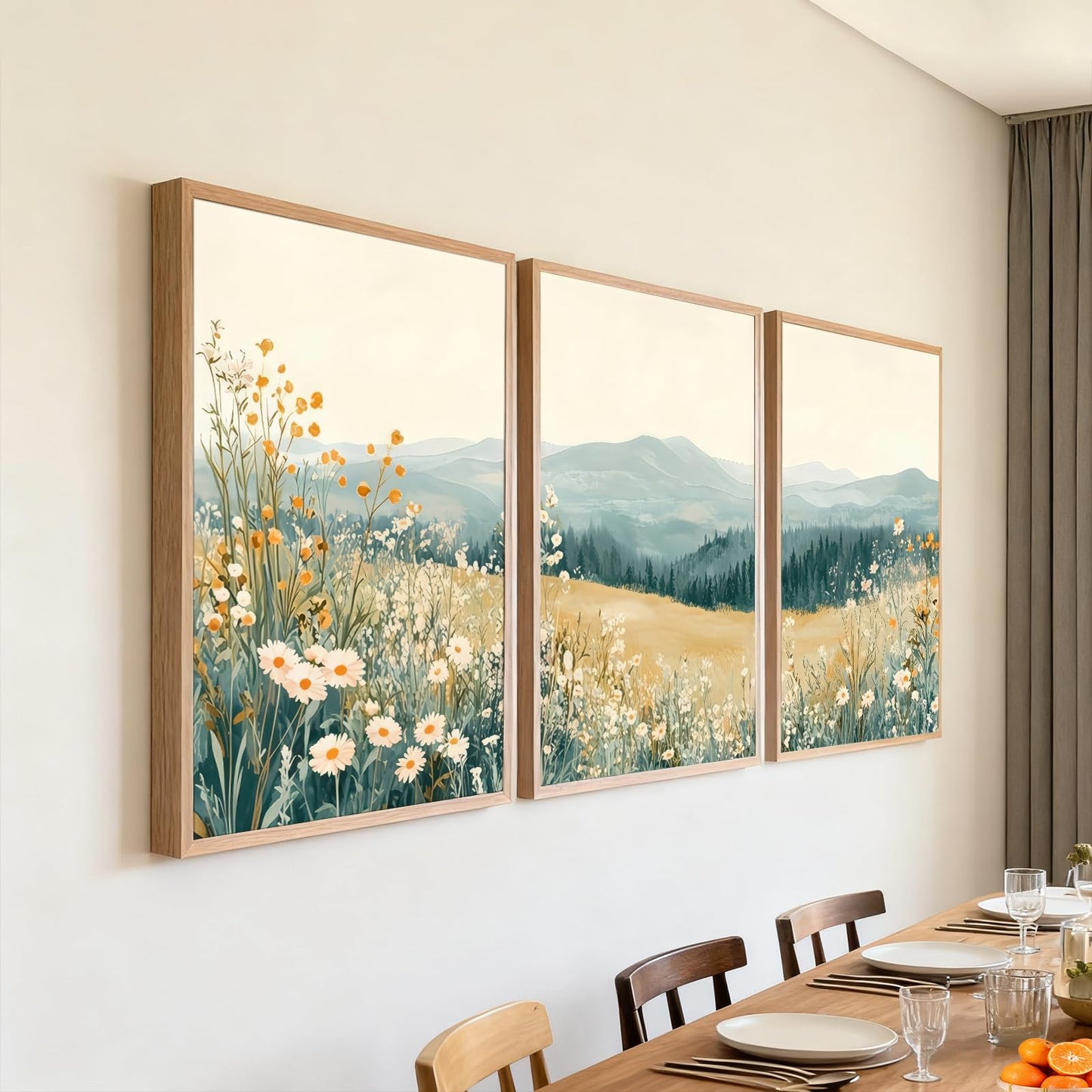 3 Pcs Framed Mountain Wildflower Wall Art Triptych Natural Landscape Canvas Prints Large Farmhouse Daisy Poster Botanical Picture Painting for Living Room Bedroom Decor 12x16IN