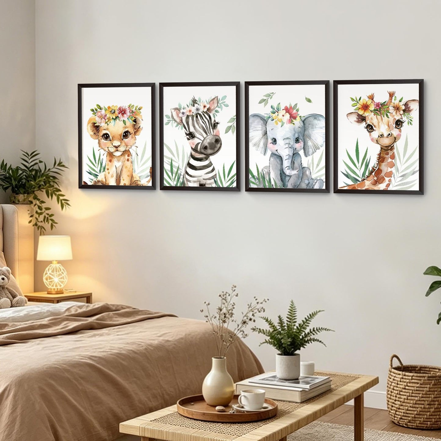 Hapons Baby Safari Animals Nursery Wall Art Decor Posters, Jungle Lion Zebra Elephant Giraffe College Teen Kids Toddler Room Bedroom Bathroom Dorm Wall Art Prints, Aesthetic Tropical Plants Playroom Classroom Wall Decor Gifts 8''x10'' 4 PCS Unframed