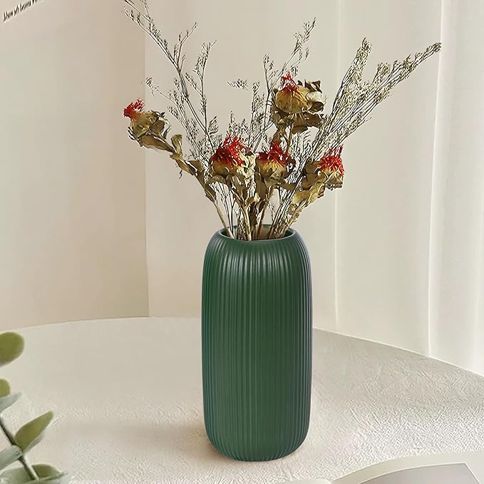Ceramic Vase for Flowers – Modern Small Ribbed Textured Flower Vase for Home Decor, Pampas Grass, Decorative, Farmhouse, Coffee Table, Kitchen Centerpieces, Bookshelf and Home Living(Green)