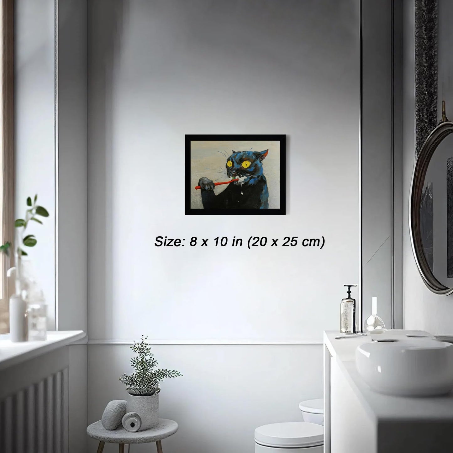 ICHZUMW Funny Black Cat Bathroom Wall Art Decor, Quirky Framed Canvas Print Painting of Cat Brushing Teeth, Humorous Animal Pictures Wall Decoration, Modern Home Artwork, Restroom Powder Room, 8x10in