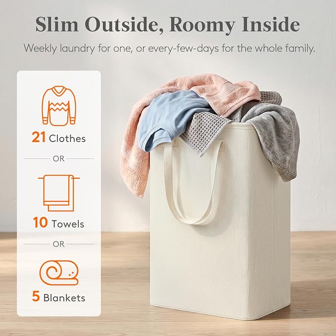 Lifewit Slim Laundry Hamper, Narrow Small Laundry Basket with Handle for Dirty Clothes, Collapsible Tall Thin Laundry Bin for Bathroom Bedroom Dorm College, 50L, White