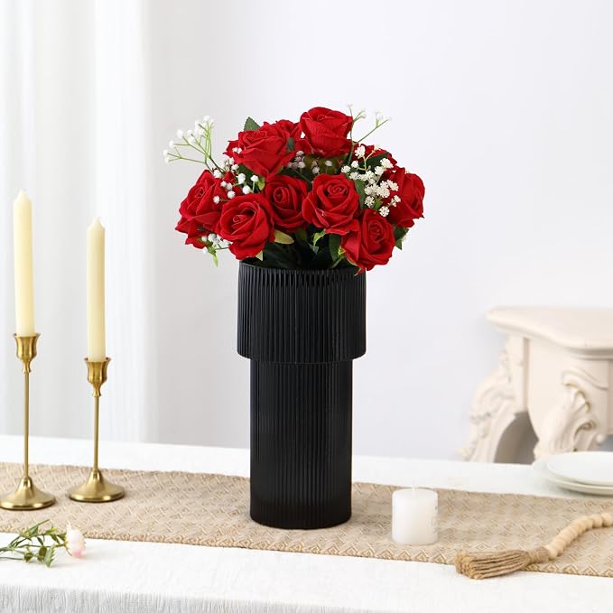 Black Glass Vase, 12 Inches Tall Vase for Flowers, Large Flower Vases for Bouquet, Modern Black Glass Vases for Living Room, Dining Table, Office, Entryway, Mantle, Shelf, Wedding Gifts