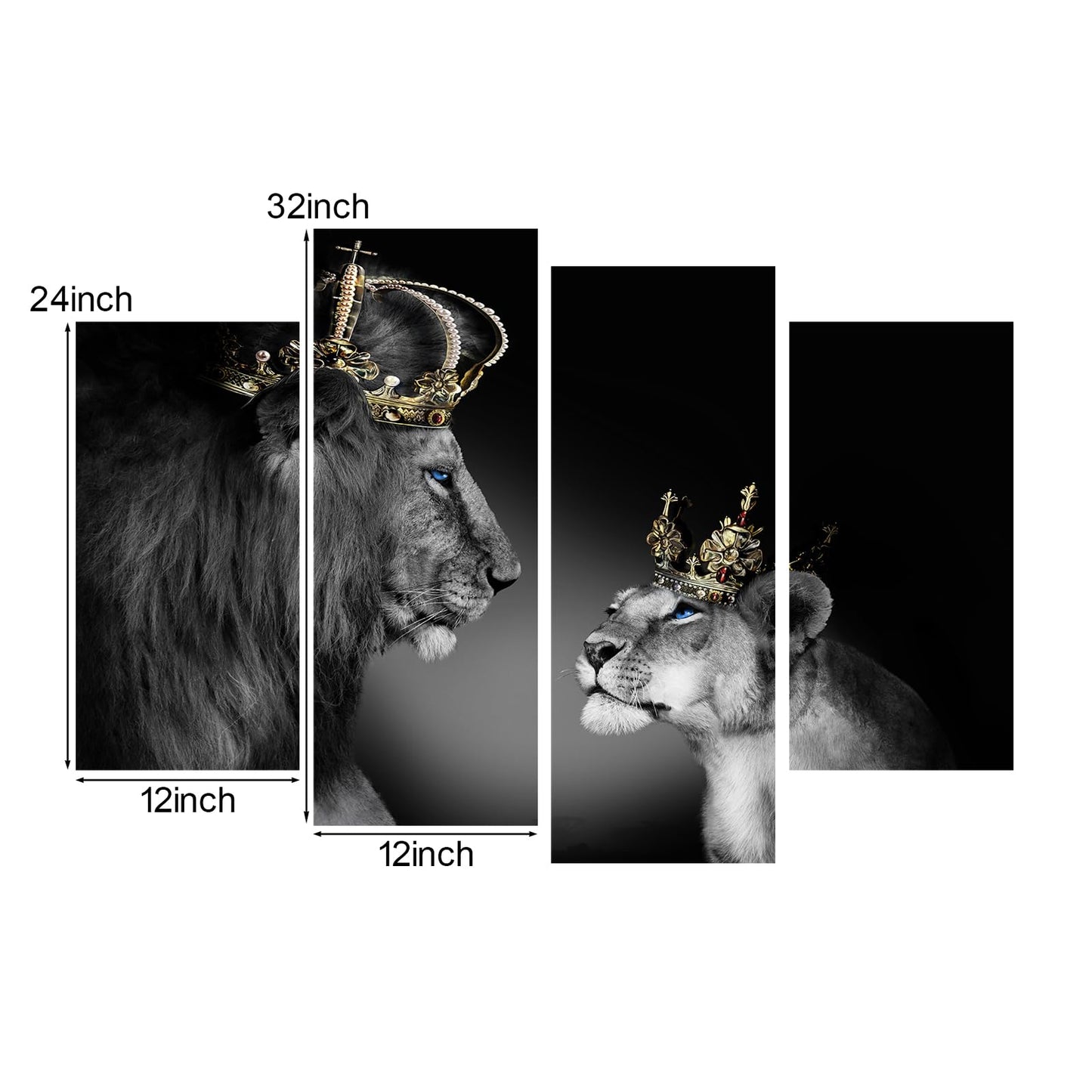 Large 4 Panel Wall Decor The Lion King and Queen with Crown Wall Art African Wild Animals Canvas Prints Pictures Black and White Modern Giclee Framed Artwork for Master Room Ready to Hang 48x33inch
