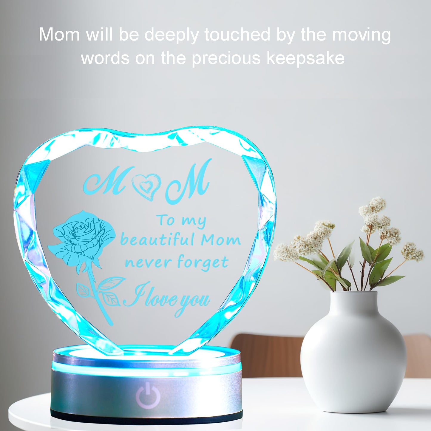 Ghtixsu Heart Shaped Crystal Plaque for Mom, Laser Engraved Gift with Color Changing LED Light Base, Mothers Day Birthday Christmas Gift from Daughter Son