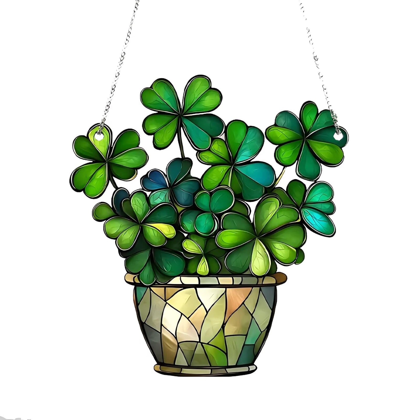 1PC Shamrock in Pot Acrylic Suncatcher Hanging, 7.08 inch Window Decor with Printed Stained Glass Style Design, Rainbow Maker Wall Art, Gift Idea & Garden Ornament Indoor Outdoor Use/ZW-02