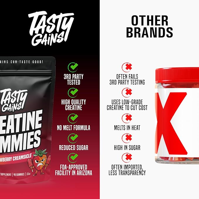 Creatine Gummies - 90g of Creatine Monohydrate - Workout Supplements - Build Muscle & Boost Strength for Men & Women - Made in USA - Non GMO - (Large, Strawberry Creamsicle Flavor)