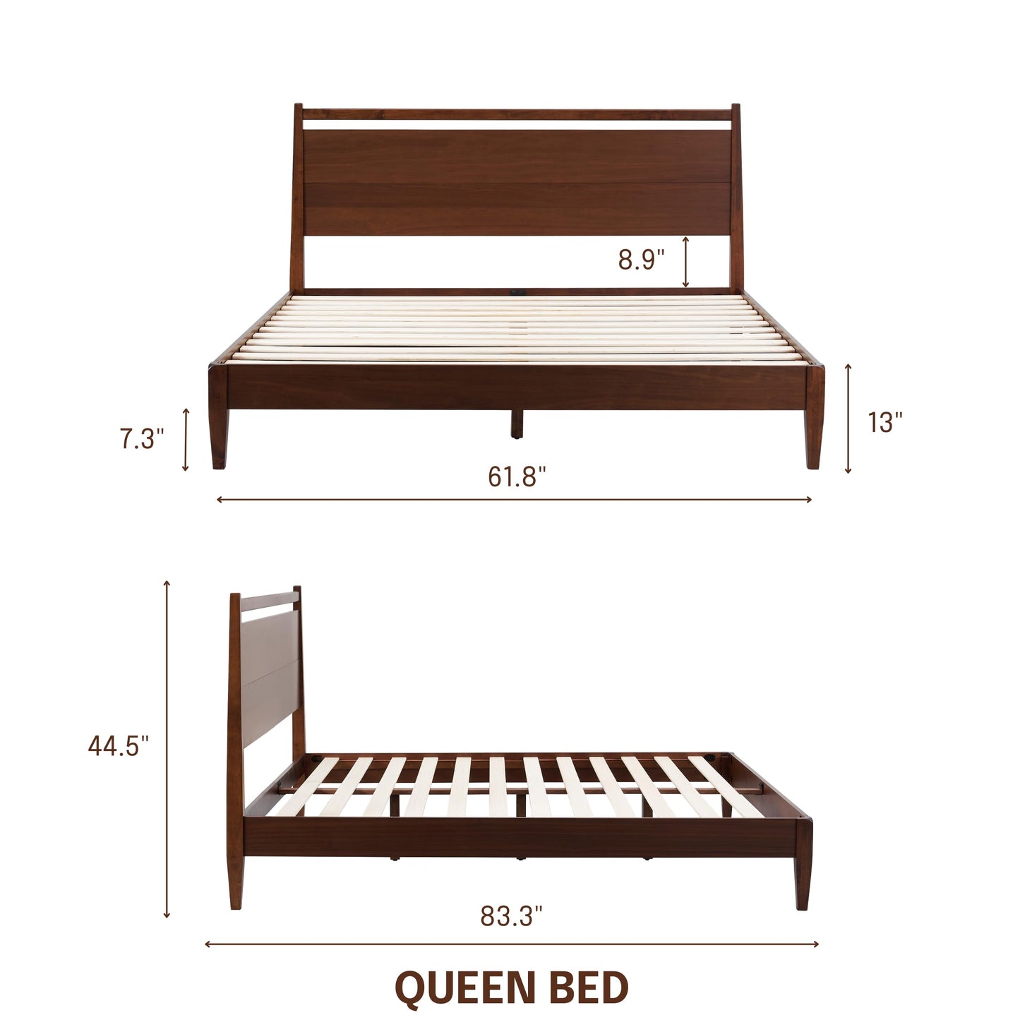 NTC Adept Wooden Bed Frame with Headboard, Crafted from Walnut, Rubber Wood with Silent Slats and Wood Central Supports, 1000 Lb Capacity, Effortless Assembly, Queen - Dark Walnut