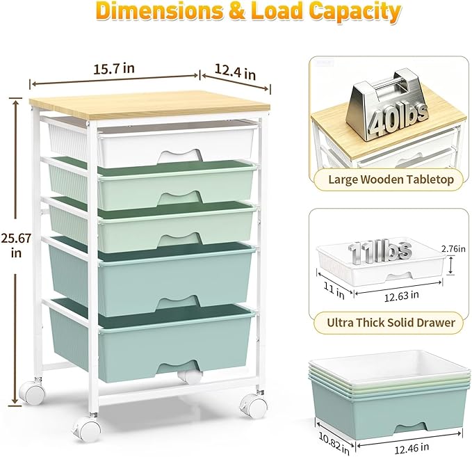 SUNALLY Rolling Carts With 5 Drawers, Storage Drawer Carts with Wooden Tabletop and 2 Lockable Wheels, Rolling Utility Cart for Craft Art Supply Storage & Home Office Organization, Green