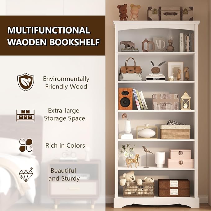 TVU 6-Tier Wooden Bookshelf, 76 Inch Tall Bookshelf with Storage, Floor Standing Modern Style Display Bookcase for Living Room, Office, Study Room, Entryway, White