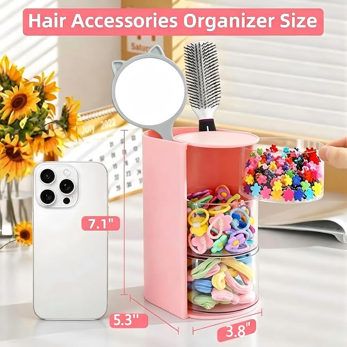 Luscinia Hair Accessories Organizer with Hair Brush Holder, Rotatable Makeup Brush and Jewelry Storage Box for Hair Clips, Earrings, Necklaces, Bracelets, Rings, and Daily Accessories (Pink, 3-Layer)