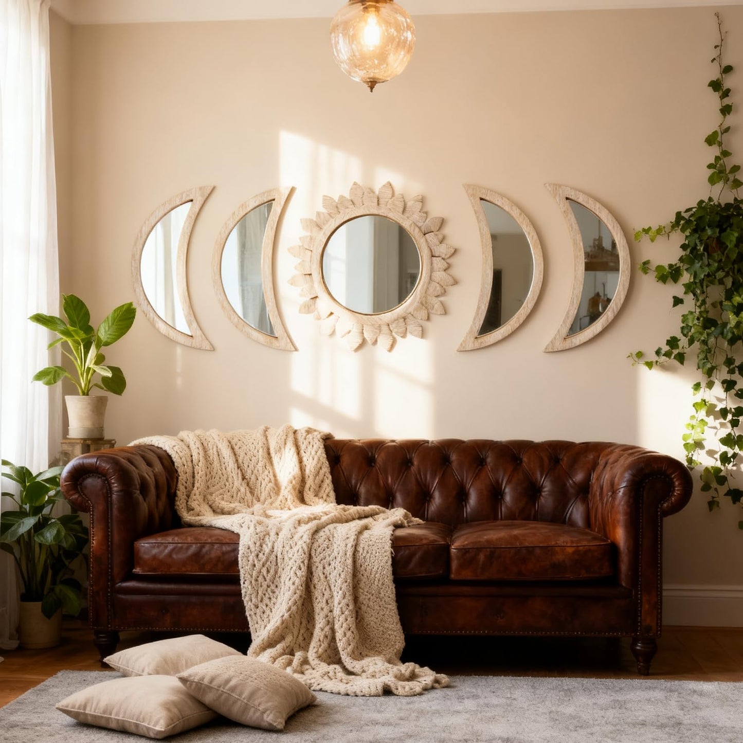 Cpcdaosk 5 Pieces Moon Phase Mirror Wall-Mounted Wall Decor Mirrors Natural Wooden Sunburst Bohemian Wall Art for Home Living Room Bedroom Decoration