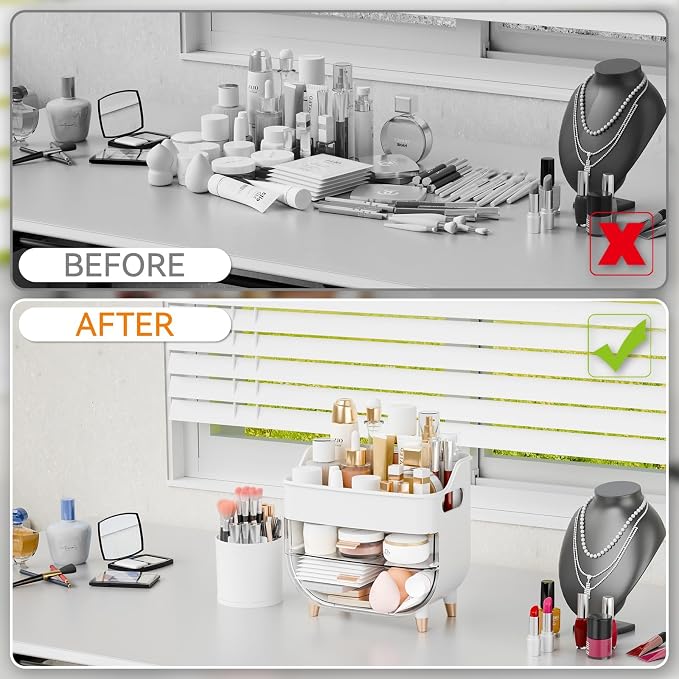 Yieach White Make up Organizer for Countertop,Vanity,Large Capacity Bathroom Makeup Skincare Organizers With Brush Holder,Makeup Storage Organizer for Lotion,Beauty Products,Skin Care,Makeup Display