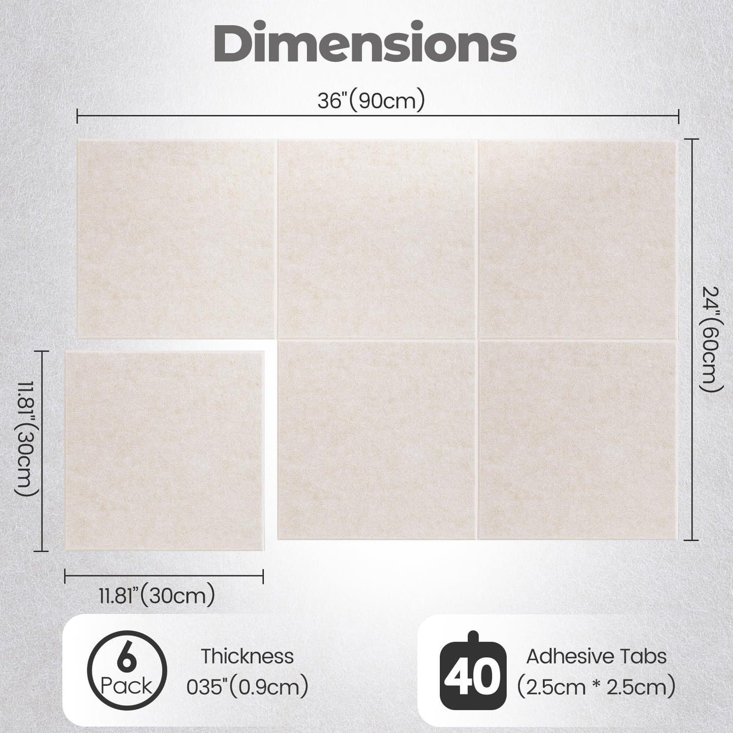 Large Felt Bulletin Board, 36" x 24" Cork Board Alternative 6 Pack Felt Wall Tiles Bulletin Board with 40 Safe Removable Adhesive Tabs, Wall Tiles Tack Push Pin Boards for Home Office Classroom