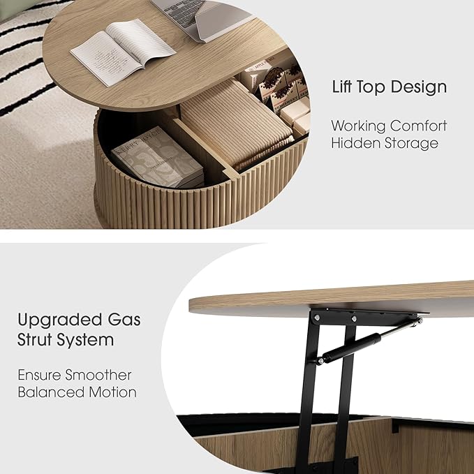 JOINICE 42.5" Oval Lift Top Coffee Table with Storage, Modern Oak Center Table with Fluted Design, Solid Wood Legs & Hidden Compartment, Pop Up Coffee Table for Living Roomm