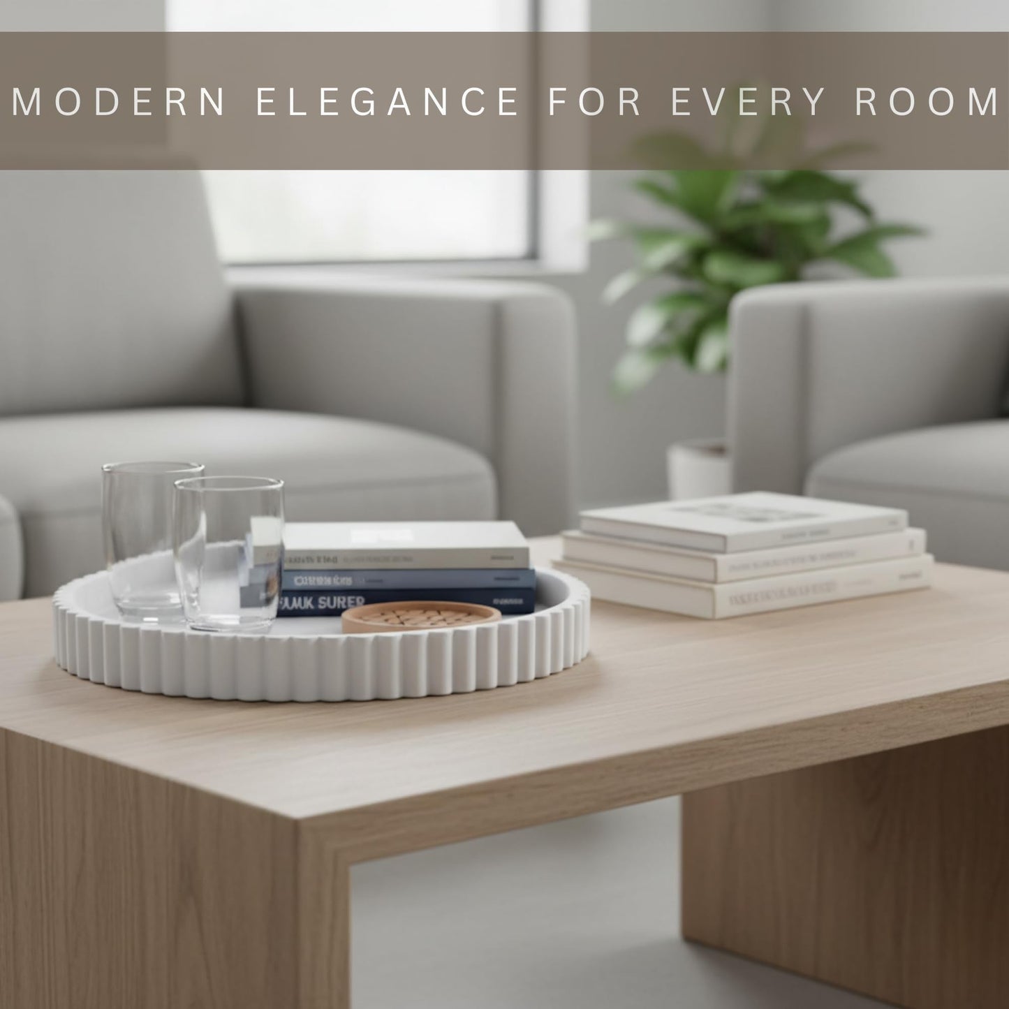 Vivere Home 13-Inch Coffee Table Tray Round - Concrete Round White Decorative Tray for Coffee Table Decor - Table Centerpieces Kitchen Island Trays Decorative Trays - Dining Room Tray