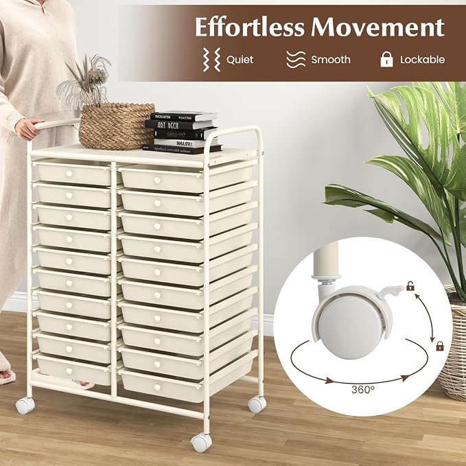 COSTWAY 20-Drawer Rolling Storage Cart, Utility Storage Organizer Cart for Tools, Scrapbook, Paper, Craft, Multipurpose Storage Trolley on Wheels for Home Office School, Ivory White