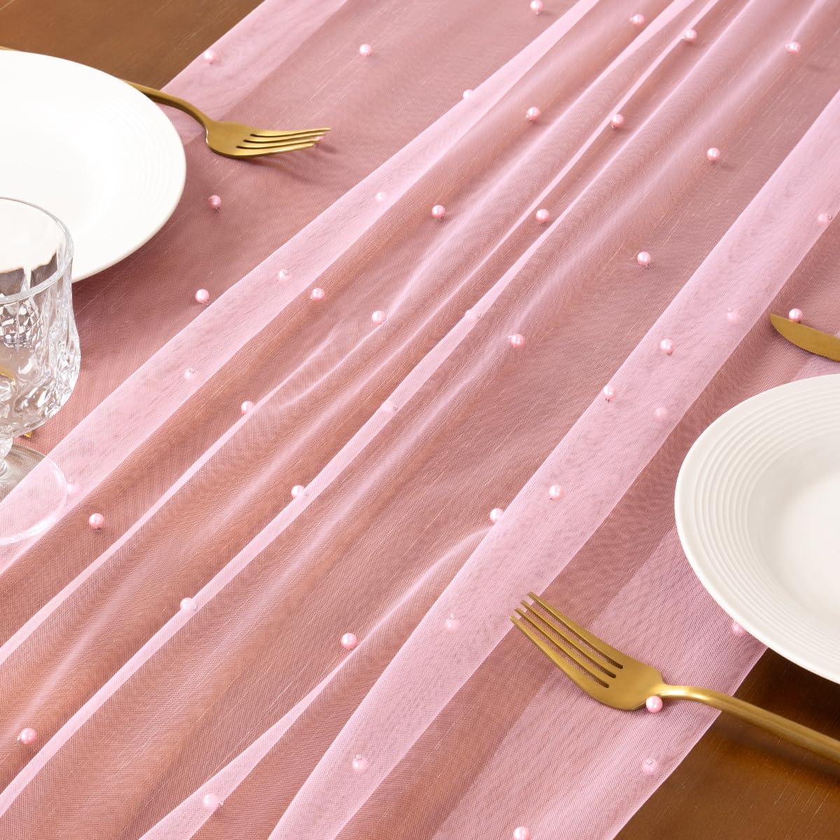 Socomi Pearl Table Runner Tulle Pink Summer Cheesecloth 10FT Gauze Cheese Cloth Sheer Chiffon Dining Wedding Birthday Party Baby Shower Bridal Engagement Anniversary Holiday Centerpiece Table Decor