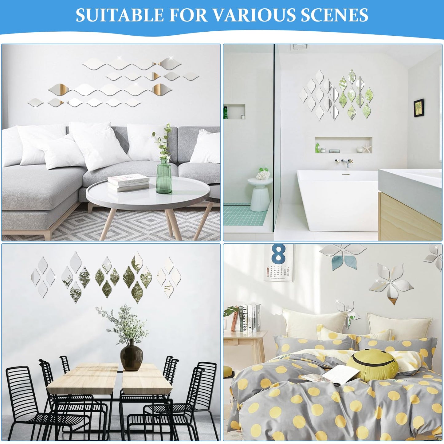 DARENYI 32Pcs Silver Teardop Mirror Wall Stickers Shatterproof Acrylic Mirror Tiles Self Adhesive Wall Decor Decals for Living Room, Bathroom, Bedroom, TV Background, Entryway Decor