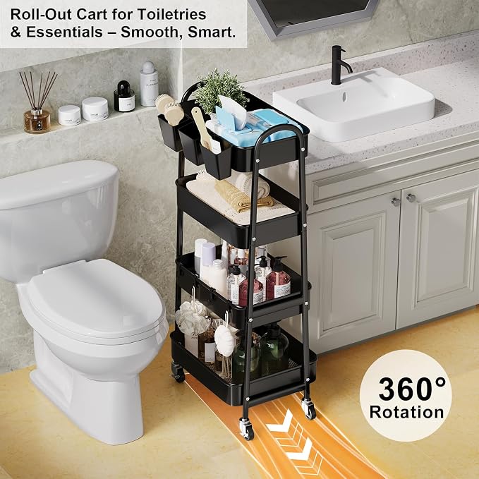 Black 4 Tier Rolling Cart Metal with Lockable Wheels, Four Tiered Tall Storage Rolling Cart on Wheels, Heavy Duty Utility Organizer Carts for Laundry, Kitchen, Dorm, Craft, Art, Snack,Mesh Basket,38in