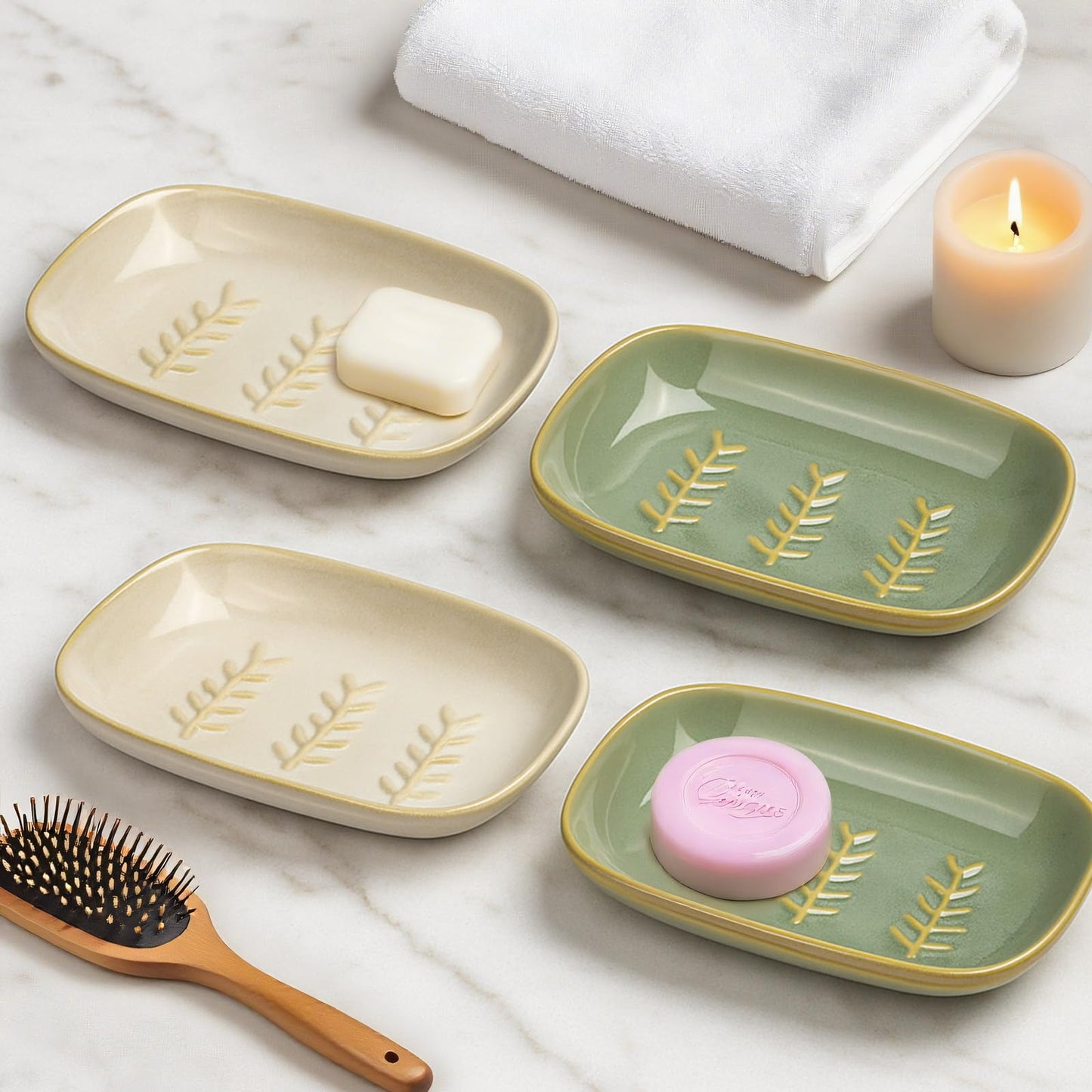 2 Pack Ceramic Soap Dish for Cleaner Shower, Decorative Soap Holder for Bar Square Shampoo or Sponge, Cute Shower Soap Dish Soap Saver Tray Container for Bathroom Kitchen Sink, Easy to Clean