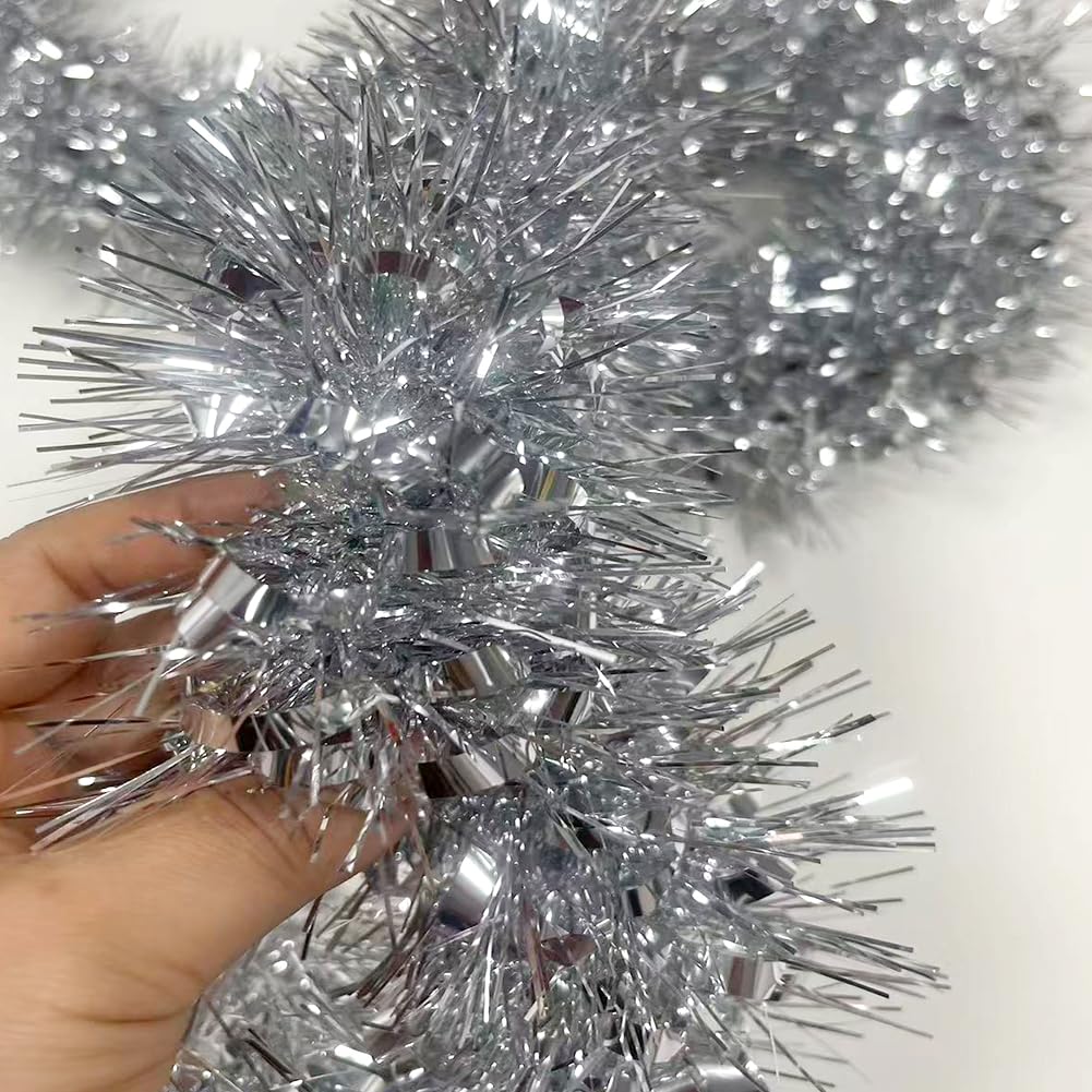 33Ft Christmas Tinsel Garland Shiny Thick Tinsel Xmas Tree Decor Metallic Twist Foil Garland for New Year Parties Birthday Party Thanksgiving Day Parade Floats Indoor Outdoor Supplies - Silver