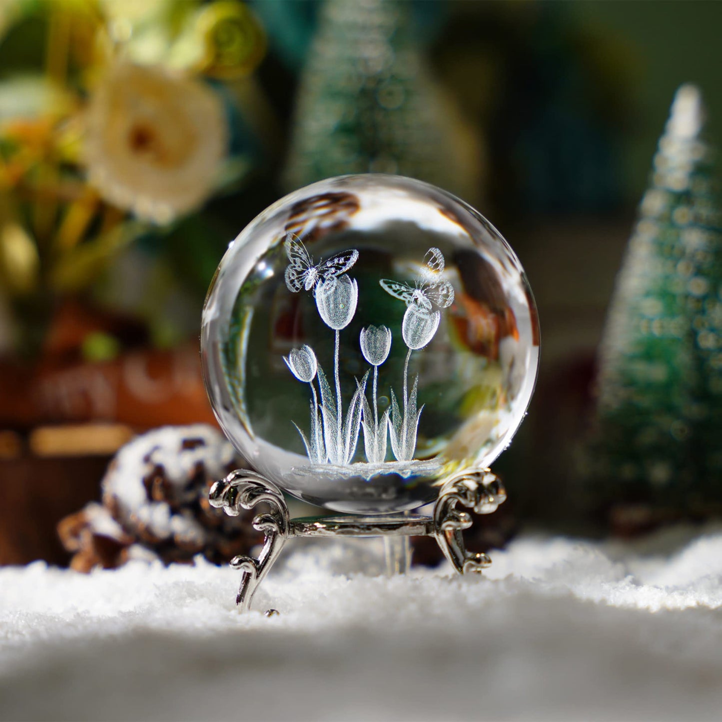 HDCRYSTALGIFTS 3D Laser Crystal Tulip Ball with Butterflies Paperweight - 60mm Engraving Decorative Balls Glass Full Sphere Figurine Decor