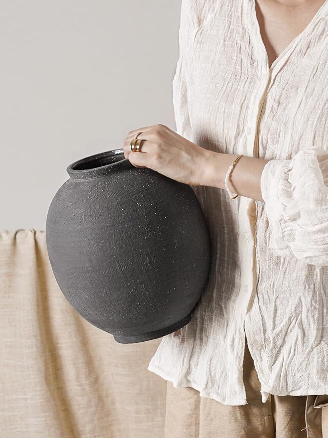 Large Blak Ceramic Vase - 9.8 Inch Rustic Farmhouse Flower Vase for Home Decor, Minimalist Tall Vases for Living Room, Table, Bathroom, Holiday & Weddings,Sandstone Dark Grey