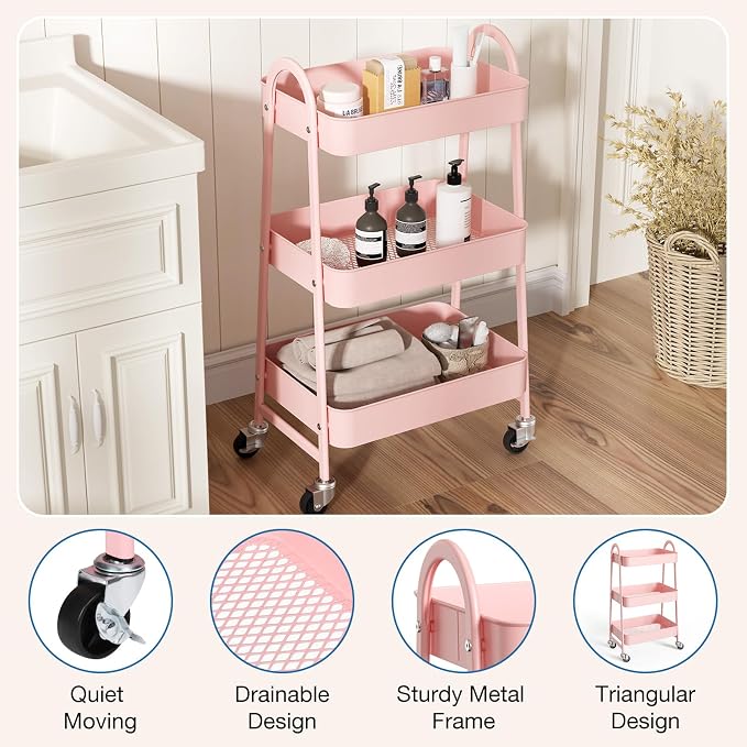 OLIXIS Metal 3 Tiers Utility Rolling Cart, Mobile Storage Shelf with Lockable Caster Wheels, Organization for Livingroom, Bathroom & Narrow Places, Pink