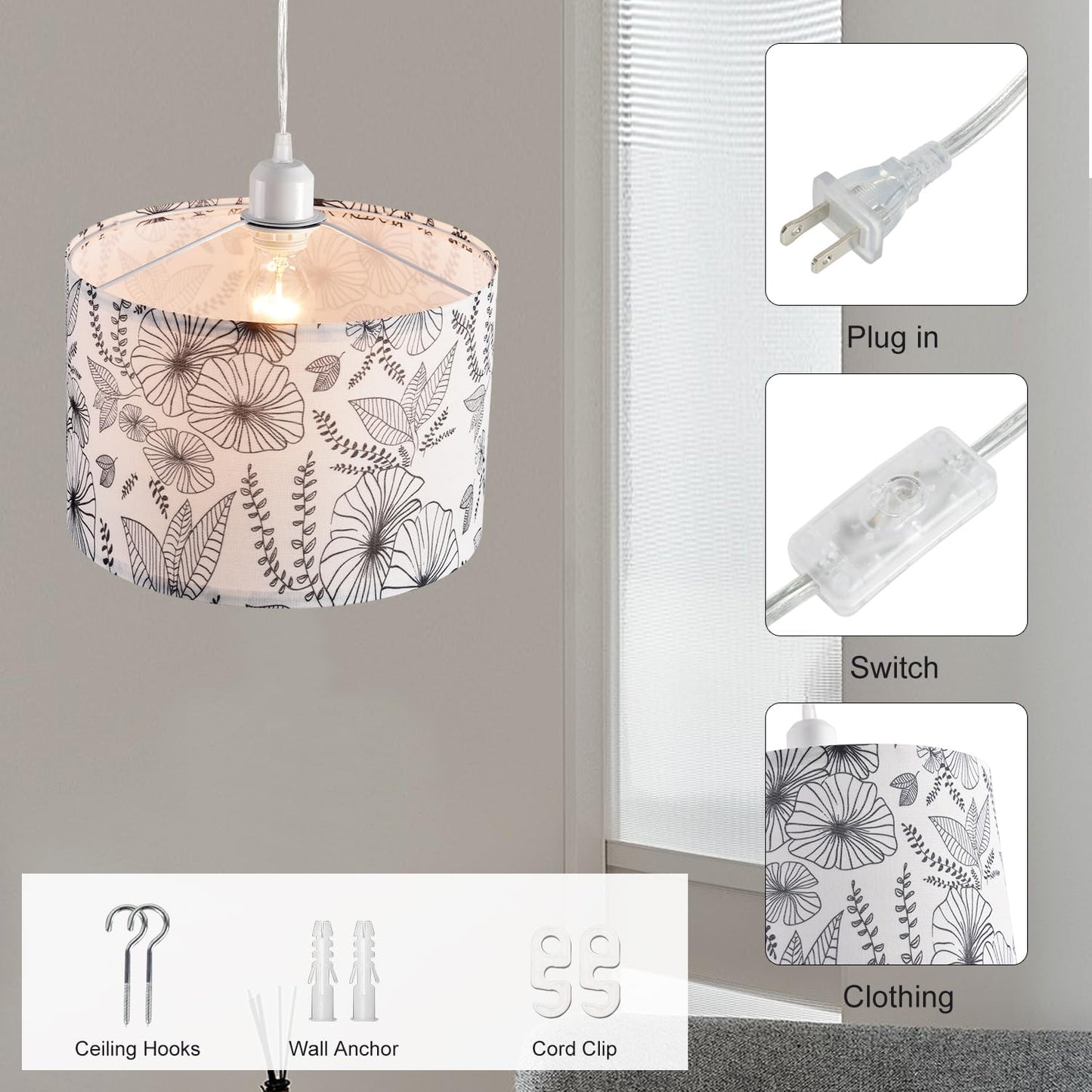IHENGYANLT 2 Pack Plug in Pendant Light, Hanging Light with 15Ft Clear Cord, On/Off Switch, Flower Fabric Lamp Shade, Hanging Light Fixture for Bedroom, Kitchen, Living Room, Dining Table
