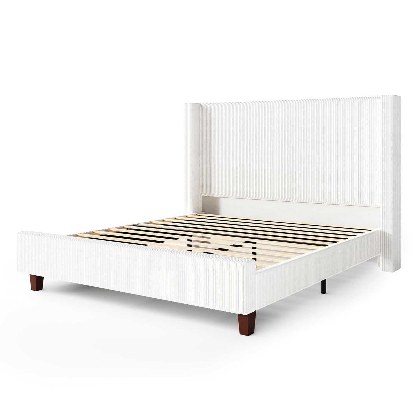 HOWE California King Size Bed Frame with 50.8" Tall Wingback Headboard, Modern Corduroy Upholstered Platform Bed Frame with Solid Wood Slats & Legs, No Box Spring Needed, Noise-Reducing Design, White
