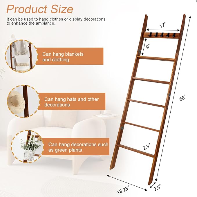 Wooden Blanket Ladder, Leaning Towel Rack with 5 Hooks, Rustic Quilt Display Ladder Stand for Bathroom, Bedroom, Living Room, Easy Assembly