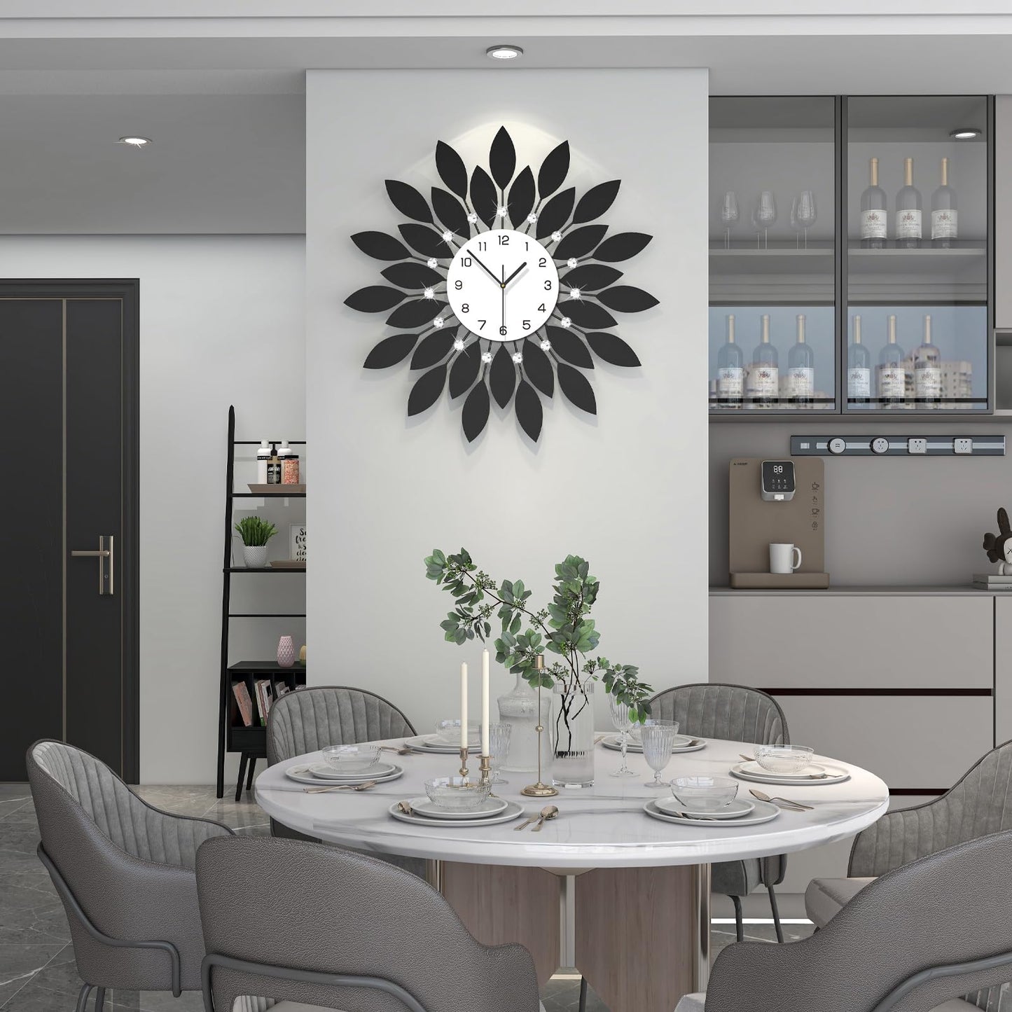 FLEBLE Large Wall Clocks for Living Room Decor Modern Wall Clock Decorative Silent Non-Ticking 24 Inch Round Black Metal Crystals Clock for Office, Home, Bathroom, Kitchen, Bedroom or Entryway