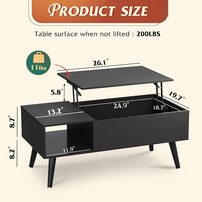 WLIVE Coffee Table for Living Room, Lift Top Coffee Table with Storage, Small Rising Wooden Dining Center Table with Storage Shelf & Hidden Compartment, 39" Black