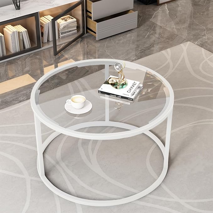 Round Glass Coffee Table for Living Room,Minimalist Modern Center Table with Metal Frame for Small Space,Easy Assembly,27 x 27In, White